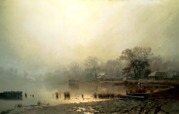 Картинка осень, вода, деревья, туман, берег, картина, живопись, Каменев