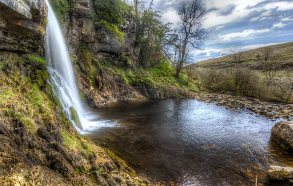 Картинка вода, скала, камни, водопад, мох, Великобритания, кусты, Thorton Force Waterfall