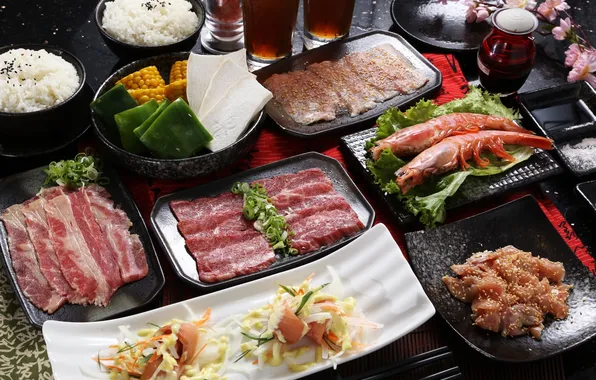 Бекон, морепродукты, японская кухня, блюда