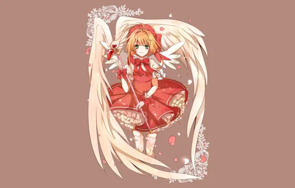 Крылья, Сакура, платье, посох, Cardcaptor Sakura