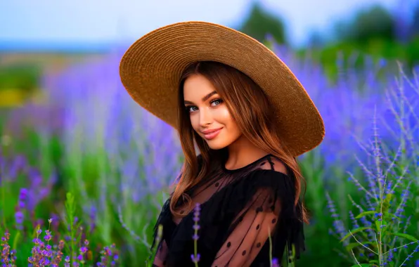 Поле, взгляд, девушка, природа, улыбка, портрет, шляпа, Ольга Бойко