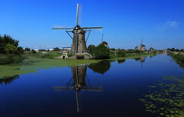Небо, вода, канал, Нидерланды, ветряная мельница
