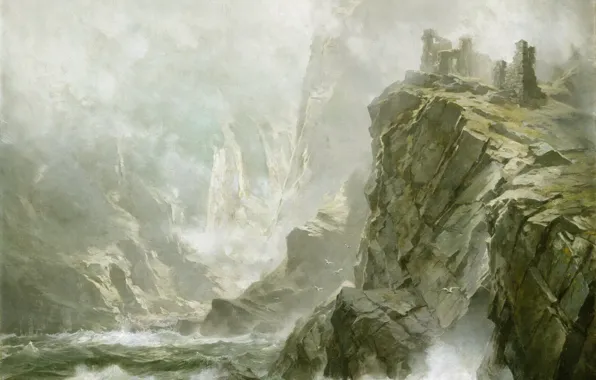 Картинка море, волны, шторм, скалы, ветер, картина, William Trost Richards