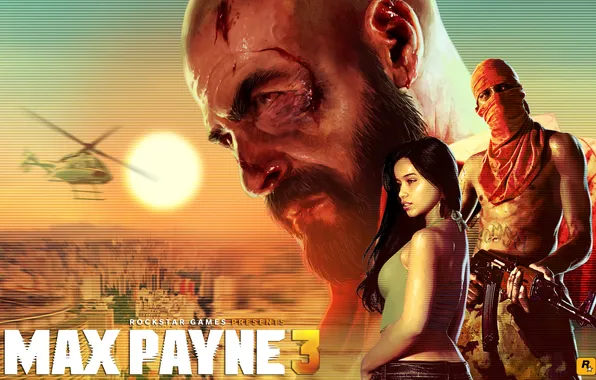 Картинка city, girl, ak-47, sun, helicopter, max payne 3