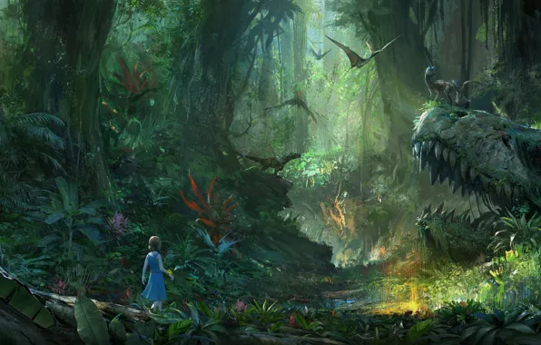 Картинка green, light, skull, girl, fantasy, forest, trees, flying