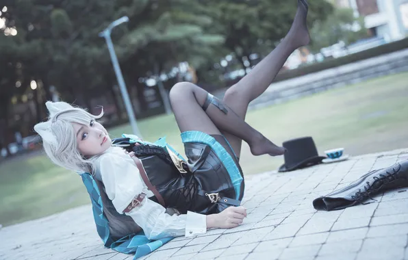 Women, cosplay, bent legs, arm support, video game girls, on the ground, whole body, Lynette …