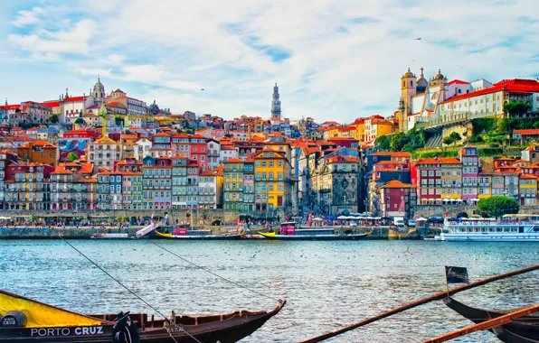 Река, здания, дома, лодки, Португалия, Portugal, Porto, Порту