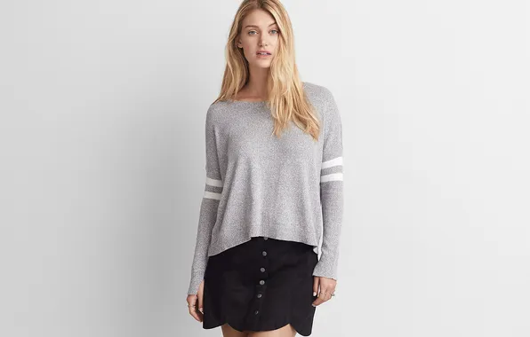 Long hair, woman, young, beautiful, model, blonde, sweatshirt, miniskirt