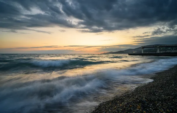Картинка море, волны, облака, берег, красота, утро, горизонт, простор
