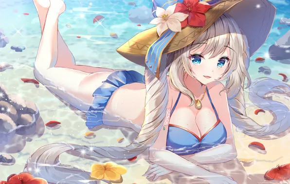 Girl, sexy, wet, cleavage, beach, long hair, boobs, anime