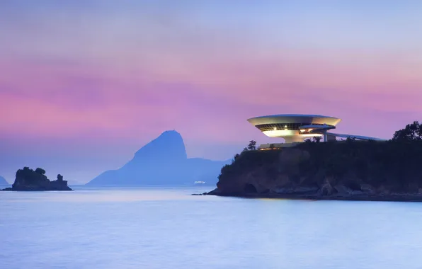 Картинка море, гора, зарево, Бразилия, Нитерой, Музей современного искусства