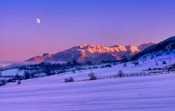 Moon, twilight, field, sunset, winter, mountains, snow, fog