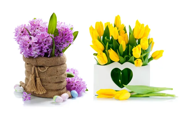Картинка цветы, яйца, букет, желтые, тюльпаны, flowers, tulips, spring