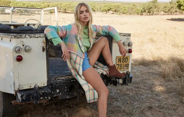 Car, girl, shorts, woman, young, beautiful, model, coat