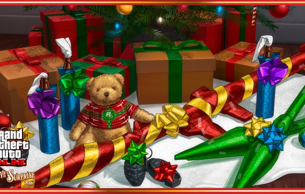 Gun, game, bear, weapon, GTA, teddy bear, christmas tree, gifts