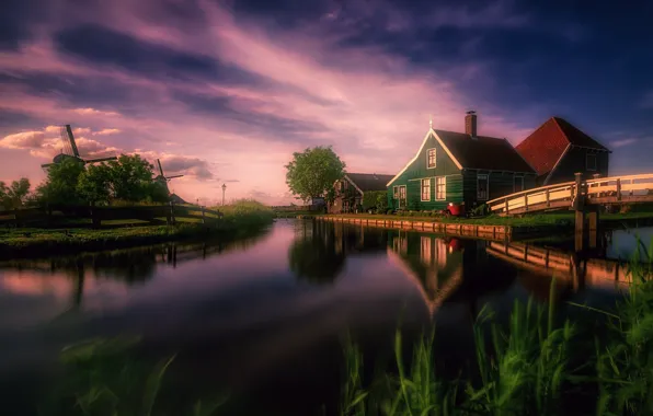 Картинка дома, канал, мельницы, Нидерланды, мостик, Голландия, Zaanse Schans