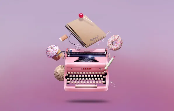 Ручка, печатная машинка, конфета, пончик, тетрадь, notebook, cupcake, кекс