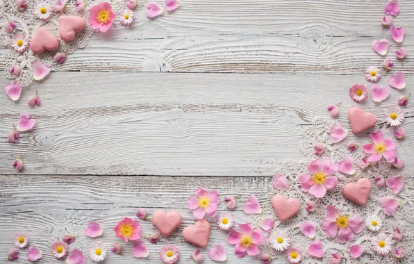 Картинка цветы, ромашки, лепестки, сердечки, heart, pink, декор, decoration