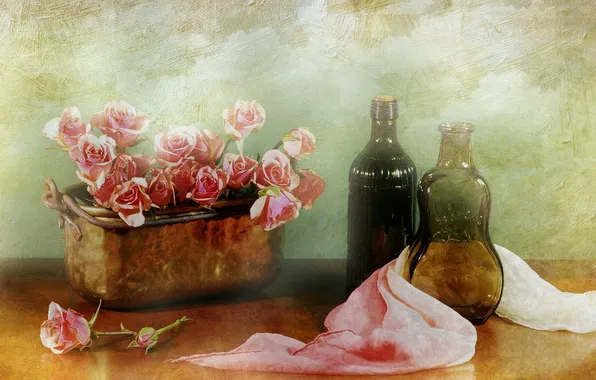 Картинка цветы, бутылки, натюрморт
