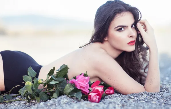 Взгляд, девушка, поза, розы, Mercedes Peña
