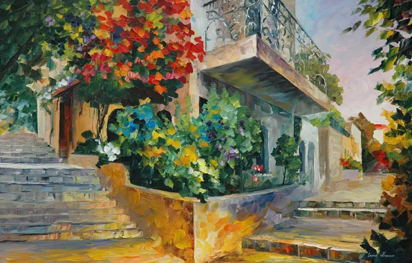 Пейзаж, цветы, лестницы, балкон, живопись, Leonid Afremov, городской
