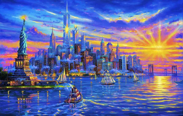 Солнце, корабли, Нью-Йорк, небоскребы, залив, USA, США, Статуя Свободы