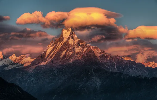 Картинка облака, снег, закат, горы, вершина, пик, непал, гряда
