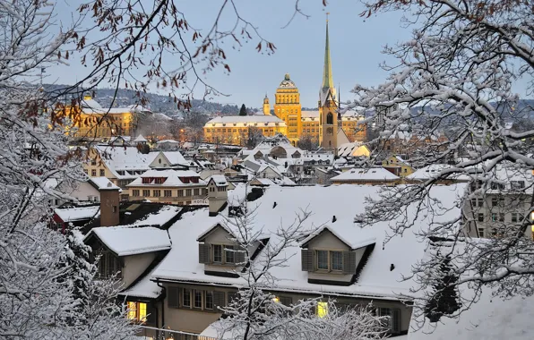 Картинка зима, снег, ветки, здания, дома, Швейцария, крыши, Switzerland