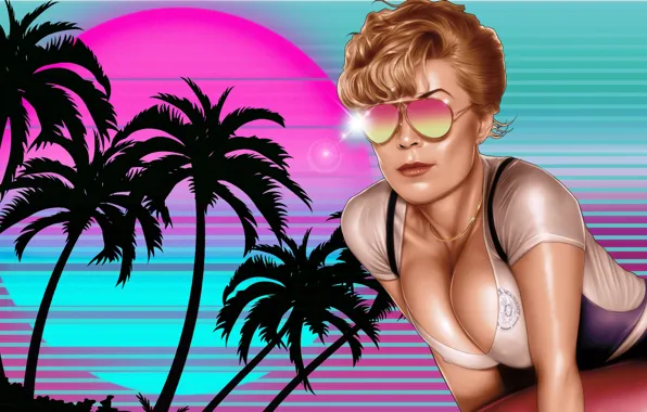 Девушка, Ретро, Очки, Стиль, Girl, Пальмы, Фон, Арт