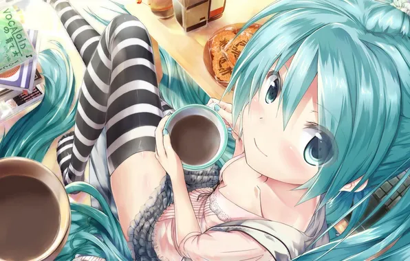 Картинка девушка, улыбка, кофе, печенье, арт, чашки, vocaloid, hatsune miku