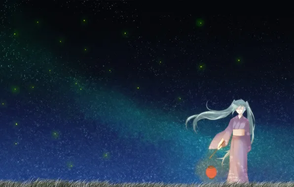 Картинка небо, девушка, звезды, ночь, арт, фонарь, кимоно, vocaloid