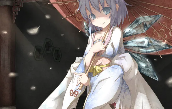Картинка девушка, крылья, зонт, лепестки, арт, кристаллы, кимоно, touhou