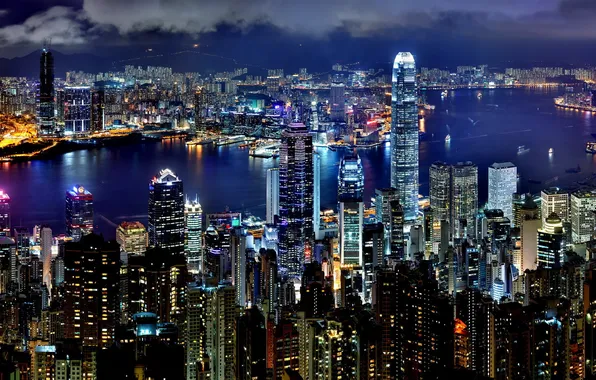 Картинка вода, ночь, город, огни, Гонконг, небоскребы, Hong Kong
