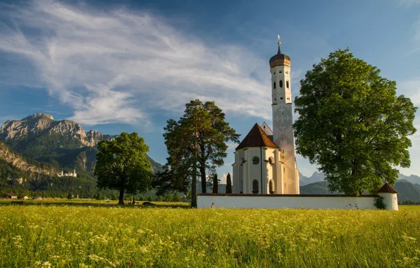Картинка деревья, горы, Германия, Бавария, Альпы, луг, церковь, Germany