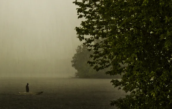 Картинка озеро, дождь, настроение, лодка, вечер