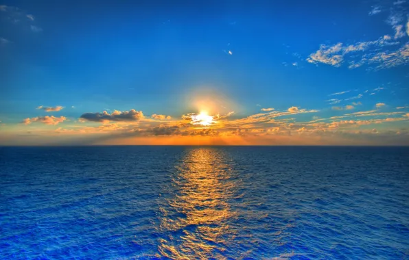 Картинка море, небо, солнце, пейзаж, закат, природа