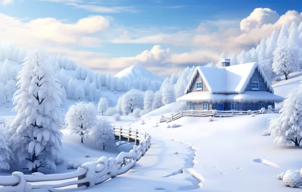 Картинка зима, лес, снег, мороз, домик, house, хижина, rustic
