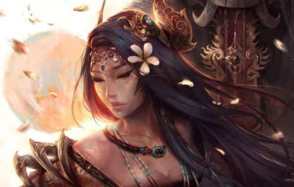 Girl, sword, fantasy, magic, long hair, flowers, painting, brunette