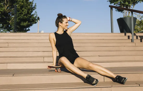 Girl, woman, young, cute, skateboard, stairs, sneakers