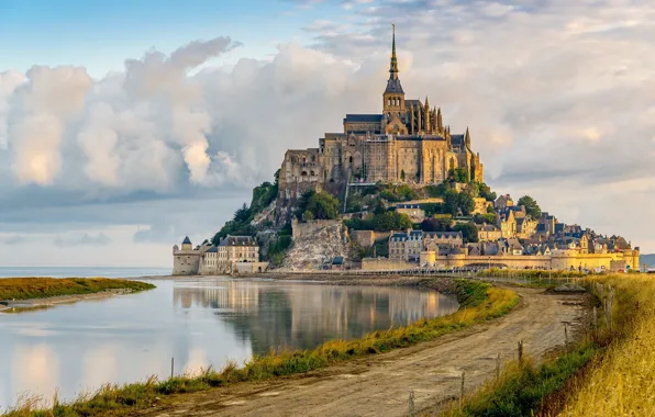 Картинка дорога, Франция, крепость, France, Mont Saint-Michel