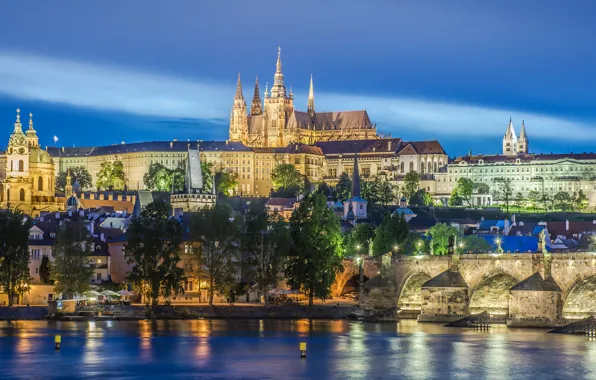 Мост, огни, река, дома, Прага, Чехия, Влтава, собор Святого Вита