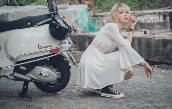 Dress, motorcycle, short hair, model, women, blonde, helmet, Converse