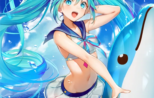 Girl, sexy, Hatsune Miku, beach, Vocaloid, blouse, long hair, anime
