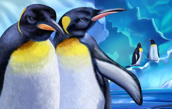 Картинка птица, рисунок, вектор, пингвины, пара, антарктика