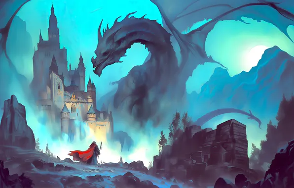 Moon, fantasy, Dragon, night, mountains, castle, elf, digital art