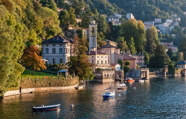 Озеро, вилла, лодки, Италия, Комо, villa Flori