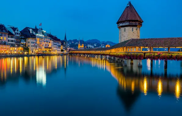 Мост, отражение, река, здания, башня, Швейцария, ночной город, Switzerland