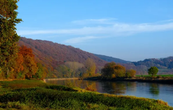 Картинка осень, трава, деревья, горы, река, Природа, river, trees