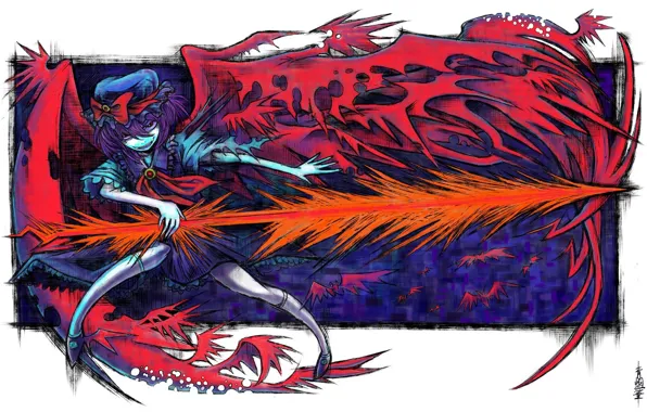 Картинка красные глаза, безумие, by Aouji, крылья летучей мыши, одержимая, вампирша, рваная одежда, touhou project, злобный …