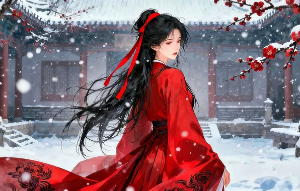 Картинка girl, snow, brunette, asian, ai art